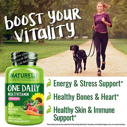 NATURELO One Daily Multivitamin für Frauen mit Vitamin B12, 60 Kapseln, Energieunterstützung, ganzheitliches Nahrungsergänzungsmittel für Haare/Haut/Nägel, Non-GMO, Sojafrei, Glutenfrei, 2-Monats-Vorrat