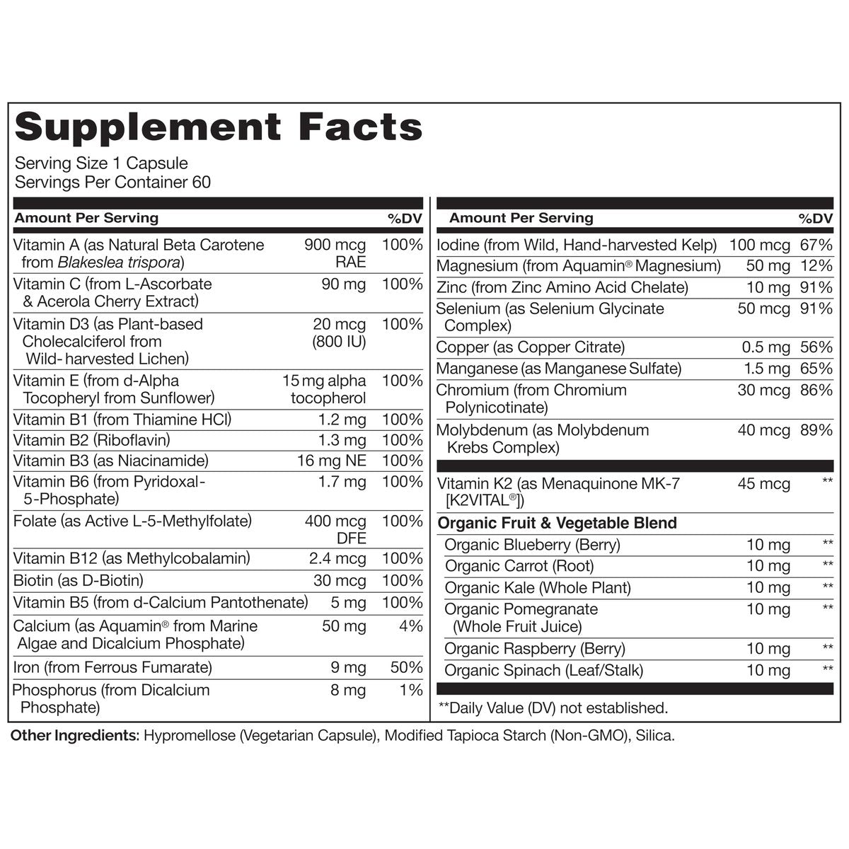 NATURELO One Daily Multivitamin für Frauen mit Vitamin B12, 60 Kapseln, Energieunterstützung, ganzheitliches Nahrungsergänzungsmittel für Haare/Haut/Nägel, Non-GMO, Sojafrei, Glutenfrei, 2-Monats-Vorrat