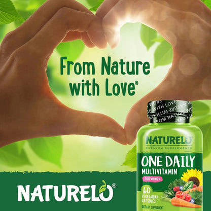 NATURELO One Daily Multivitamin für Frauen mit Vitamin B12, 60 Kapseln, Energieunterstützung, ganzheitliches Nahrungsergänzungsmittel für Haare/Haut/Nägel, Non-GMO, Sojafrei, Glutenfrei, 2-Monats-Vorrat