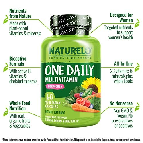 NATURELO One Daily Multivitamin für Frauen mit Vitamin B12, 60 Kapseln, Energieunterstützung, ganzheitliches Nahrungsergänzungsmittel für Haare/Haut/Nägel, Non-GMO, Sojafrei, Glutenfrei, 2-Monats-Vorrat