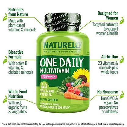 NATURELO One Daily Multivitamin für Frauen mit Vitamin B12, 60 Kapseln, Energieunterstützung, ganzheitliches Nahrungsergänzungsmittel für Haare/Haut/Nägel, Non-GMO, Sojafrei, Glutenfrei, 2-Monats-Vorrat