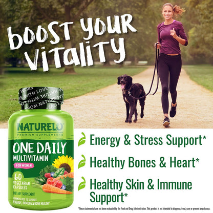 NATURELO One Daily Multivitamin für Frauen mit Vitamin B12, 60 Kapseln, Energieunterstützung, ganzheitliches Nahrungsergänzungsmittel für Haare/Haut/Nägel, Non-GMO, Sojafrei, Glutenfrei, 2-Monats-Vorrat