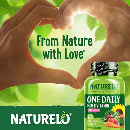 NATURELO One Daily Multivitamin für Frauen mit Vitamin B12, 60 Kapseln, Energieunterstützung, ganzheitliches Nahrungsergänzungsmittel für Haare/Haut/Nägel, Non-GMO, Sojafrei, Glutenfrei, 2-Monats-Vorrat