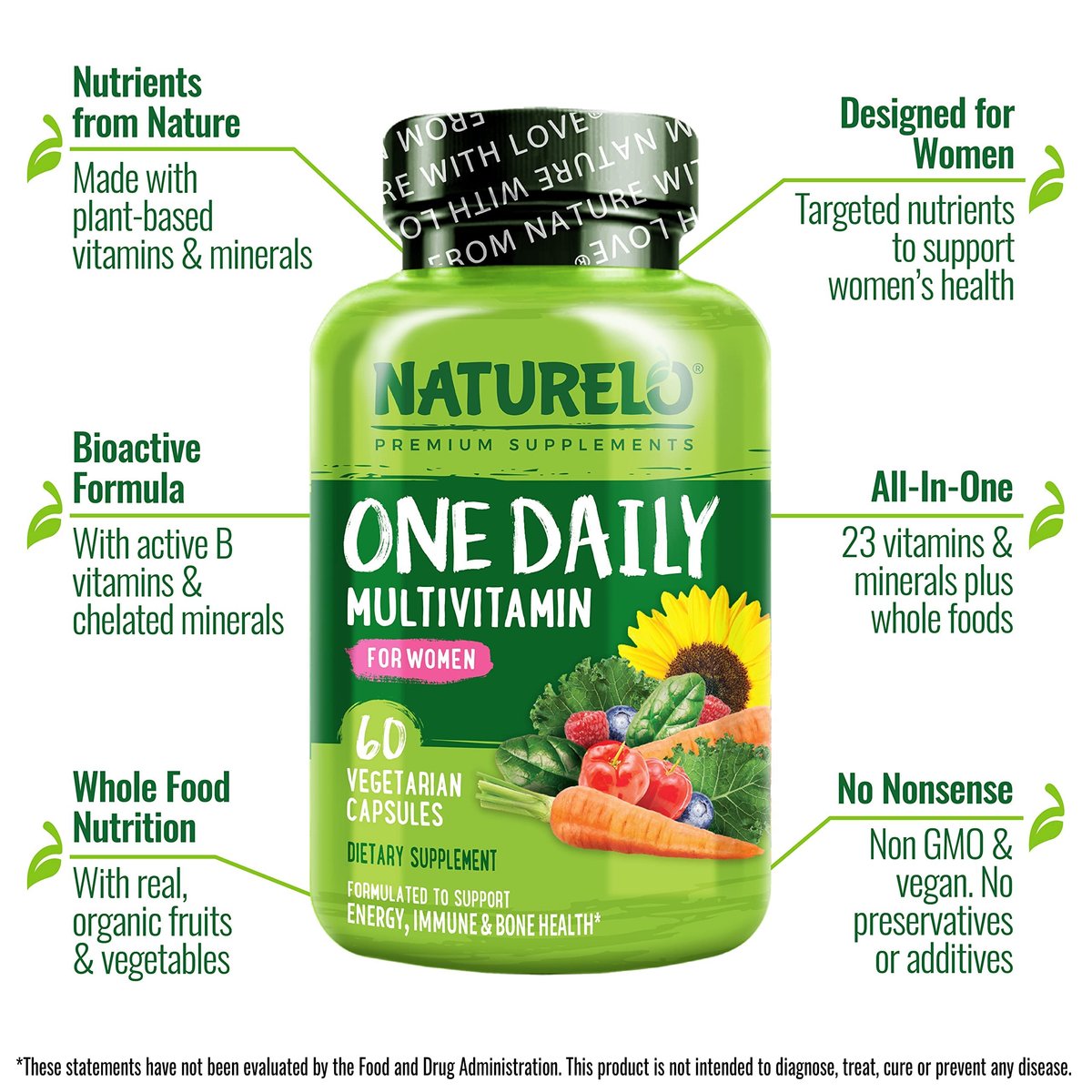 NATURELO One Daily Multivitamin für Frauen mit Vitamin B12, 60 Kapseln, Energieunterstützung, ganzheitliches Nahrungsergänzungsmittel für Haare/Haut/Nägel, Non-GMO, Sojafrei, Glutenfrei, 2-Monats-Vorrat