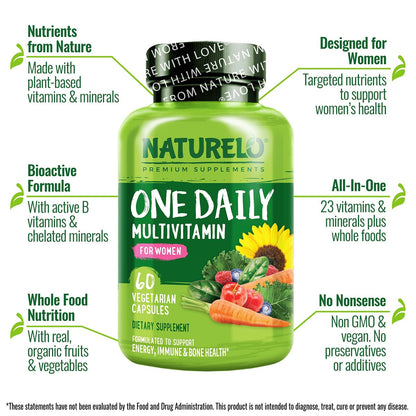 NATURELO One Daily Multivitamin für Frauen mit Vitamin B12, 60 Kapseln, Energieunterstützung, ganzheitliches Nahrungsergänzungsmittel für Haare/Haut/Nägel, Non-GMO, Sojafrei, Glutenfrei, 2-Monats-Vorrat