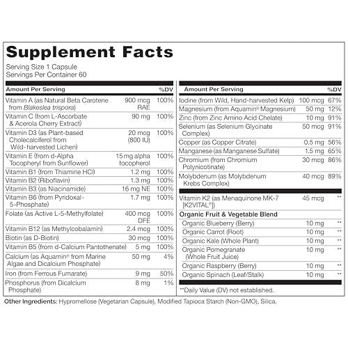 NATURELO One Daily Multivitamin für Frauen mit Vitamin B12, 60 Kapseln, Energieunterstützung, ganzheitliches Nahrungsergänzungsmittel für Haare/Haut/Nägel, Non-GMO, Sojafrei, Glutenfrei, 2-Monats-Vorrat