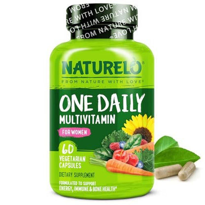 NATURELO One Daily Multivitamin für Frauen mit Vitamin B12, 60 Kapseln, Energieunterstützung, ganzheitliches Nahrungsergänzungsmittel für Haare/Haut/Nägel, Non-GMO, Sojafrei, Glutenfrei, 2-Monats-Vorrat