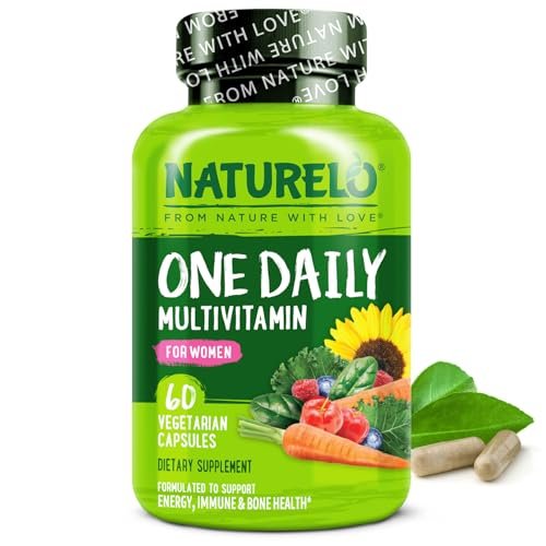 NATURELO One Daily Multivitamin für Frauen mit Vitamin B12, 60 Kapseln, Energieunterstützung, ganzheitliches Nahrungsergänzungsmittel für Haare/Haut/Nägel, Non-GMO, Sojafrei, Glutenfrei, 2-Monats-Vorrat