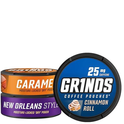 Grinds Kaffeebeutel 18 pro Dose | Neuer 3er-Dosen Probierpaket | Karamell, New Orleans, Zimtschnecke | Koffeinbeutel | Tragbare Energie | Kein Crash, kein Zittern | B-Vitamine | Konzentration | Zuckerfrei