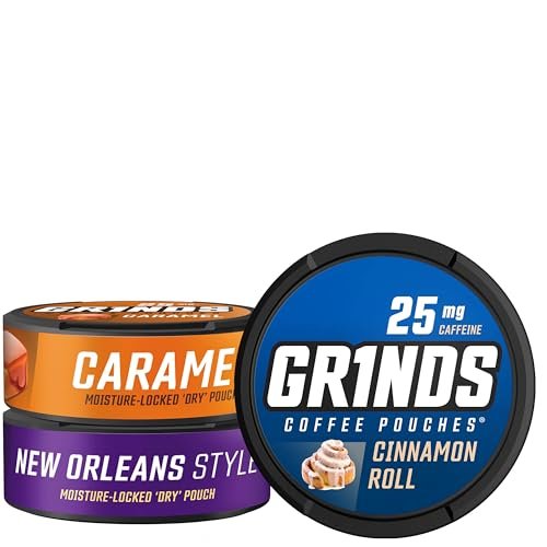 Grinds Kaffeebeutel 18 pro Dose | Neuer 3er-Dosen Probierpaket | Karamell, New Orleans, Zimtschnecke | Koffeinbeutel | Tragbare Energie | Kein Crash, kein Zittern | B-Vitamine | Konzentration | Zuckerfrei