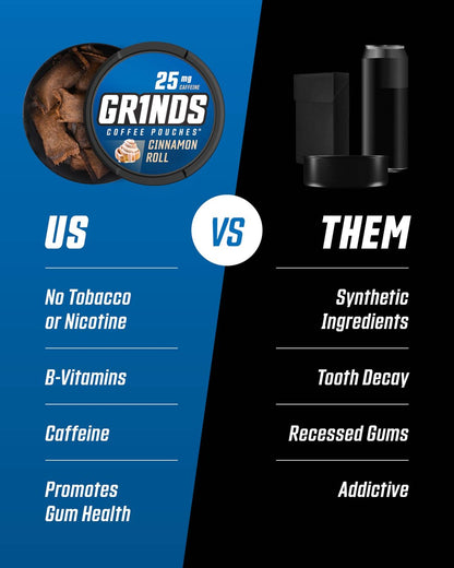Grinds Kaffeebeutel 18 pro Dose | Neuer 3er-Dosen Probierpaket | Karamell, New Orleans, Zimtschnecke | Koffeinbeutel | Tragbare Energie | Kein Crash, kein Zittern | B-Vitamine | Konzentration | Zuckerfrei