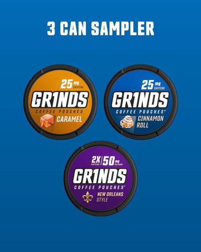 Grinds Kaffeebeutel 18 pro Dose | Neuer 3er-Dosen Probierpaket | Karamell, New Orleans, Zimtschnecke | Koffeinbeutel | Tragbare Energie | Kein Crash, kein Zittern | B-Vitamine | Konzentration | Zuckerfrei