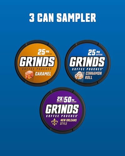 Grinds Kaffeebeutel 18 pro Dose | Neuer 3er-Dosen Probierpaket | Karamell, New Orleans, Zimtschnecke | Koffeinbeutel | Tragbare Energie | Kein Crash, kein Zittern | B-Vitamine | Konzentration | Zuckerfrei