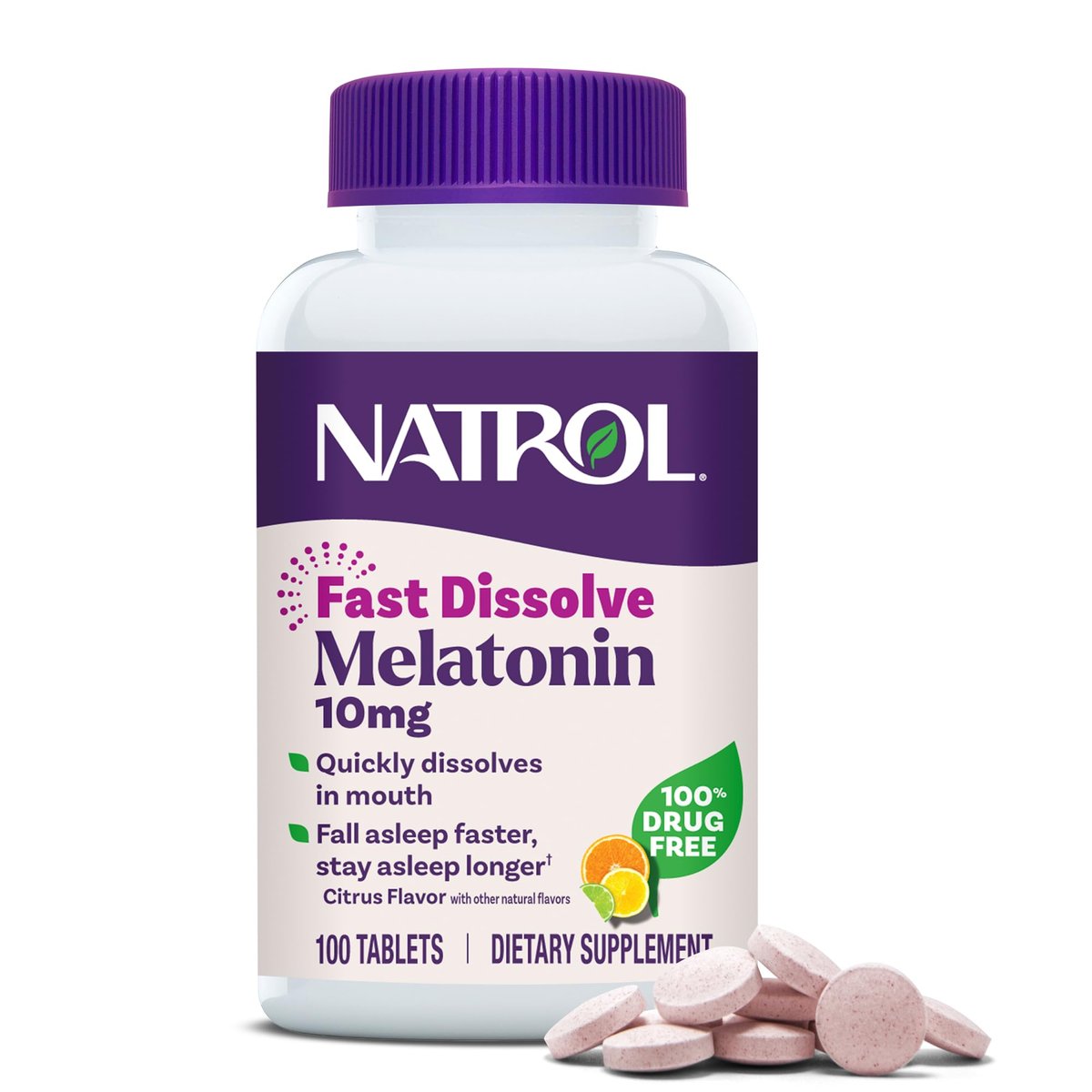 Natrol Melatonin 10mg Schnellschmelztabletten – Zitrusgeschmack, 100 Stück, Schlafunterstützung für Erwachsene, 100-Tage-Vorrat
