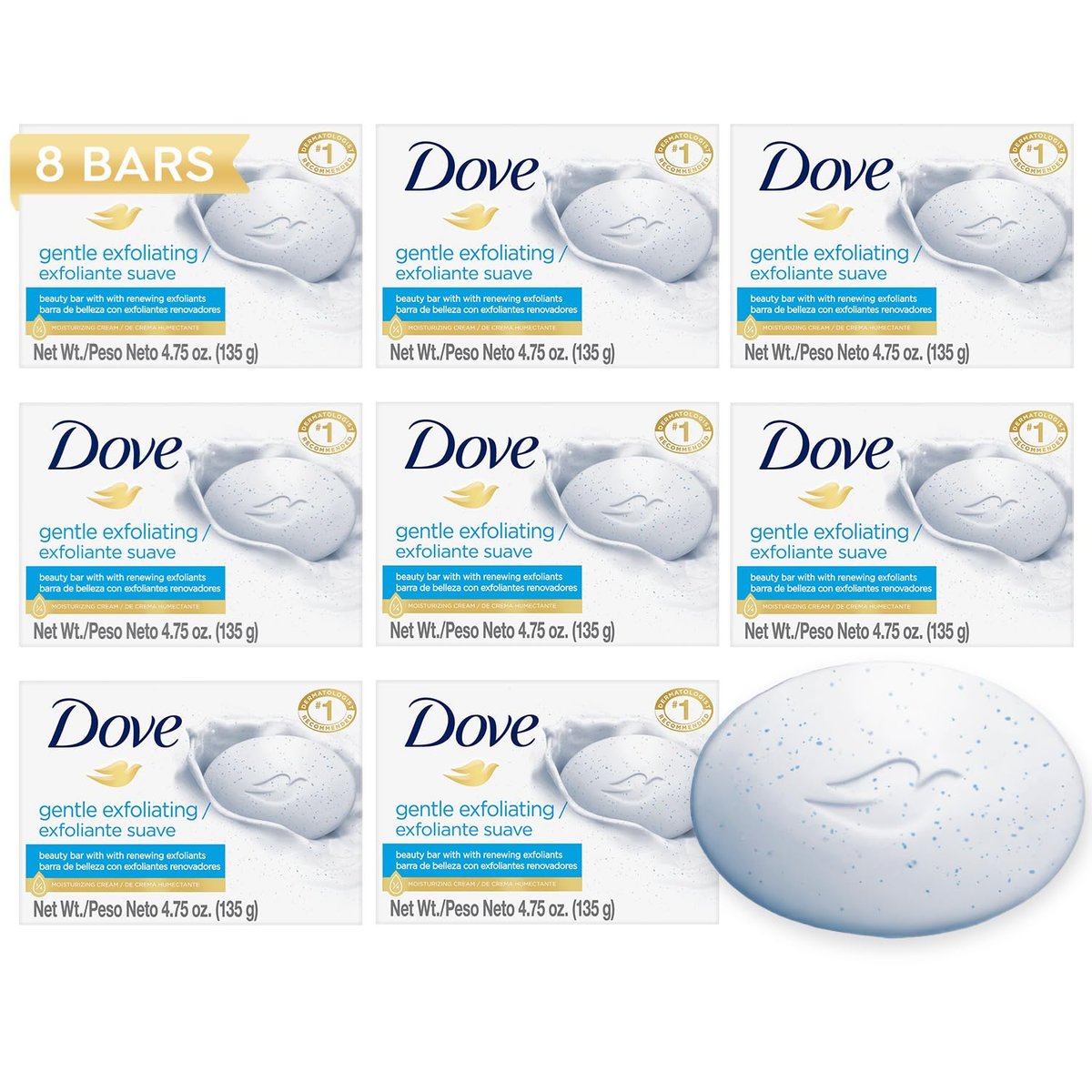 Dove Seifenpack, Sanftes Peeling Beauty Bar 8er-Pack – 3-in-1 Feuchtigkeitsspendende Gesichts-, Körper- & Handseife, 4,75 Oz pro Stück