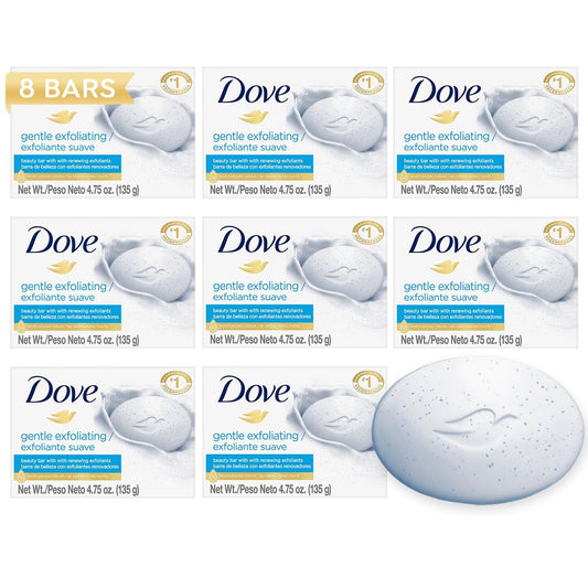 Dove Seifenpack, Sanftes Peeling Beauty Bar 8er-Pack – 3-in-1 Feuchtigkeitsspendende Gesichts-, Körper- & Handseife, 4,75 Oz pro Stück