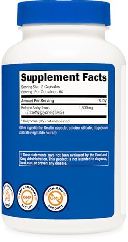 Nutricost Betain Anhydrous Kapseln 1500mg, 60 Portionen - Glutenfrei, Non-GMO, 750mg pro Kapsel, 120 Kapseln