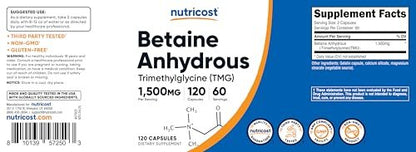 Nutricost Betain Anhydrous Kapseln 1500mg, 60 Portionen - Glutenfrei, Non-GMO, 750mg pro Kapsel, 120 Kapseln
