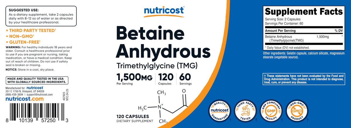 Nutricost Betain Anhydrous Kapseln 1500mg, 60 Portionen - Glutenfrei, Non-GMO, 750mg pro Kapsel, 120 Kapseln