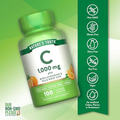Nature's Truth Vitamin C mit Bioflavonoiden & Hagebutte | 1000 mg | 100 Kapseln | Vegan, Nicht-GVO & Glutenfrei