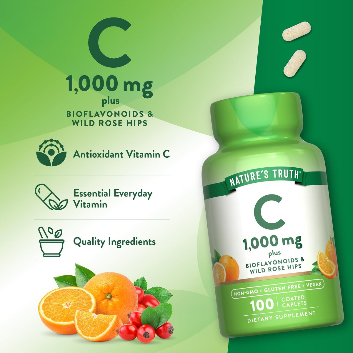 Nature's Truth Vitamin C mit Bioflavonoiden & Hagebutte | 1000 mg | 100 Kapseln | Vegan, Nicht-GVO & Glutenfrei