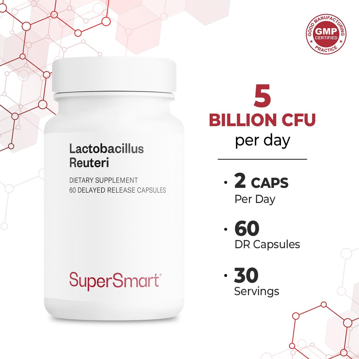 Supersmart Lactobacillus Reuteri 5 Milliarden KBE pro Tag Probiotikum – 60 Kapseln, Nicht-GVO & Glutenfrei