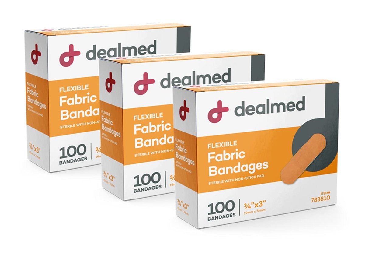 Dealmed Stoff-Pflaster mit Wundauflage – 100 Stück (3er-Pack) – Latexfrei, für Erste-Hilfe-Set, 3 x 0,75 Zoll