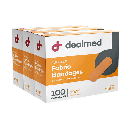 Dealmed Sterile Flexible Fabric Adhesive Bandages – 1x3 Inch – 100 Stück pro Box, 3 Boxen – Atmungsaktive Pflaster für Erste-Hilfe-Sets und Kliniken