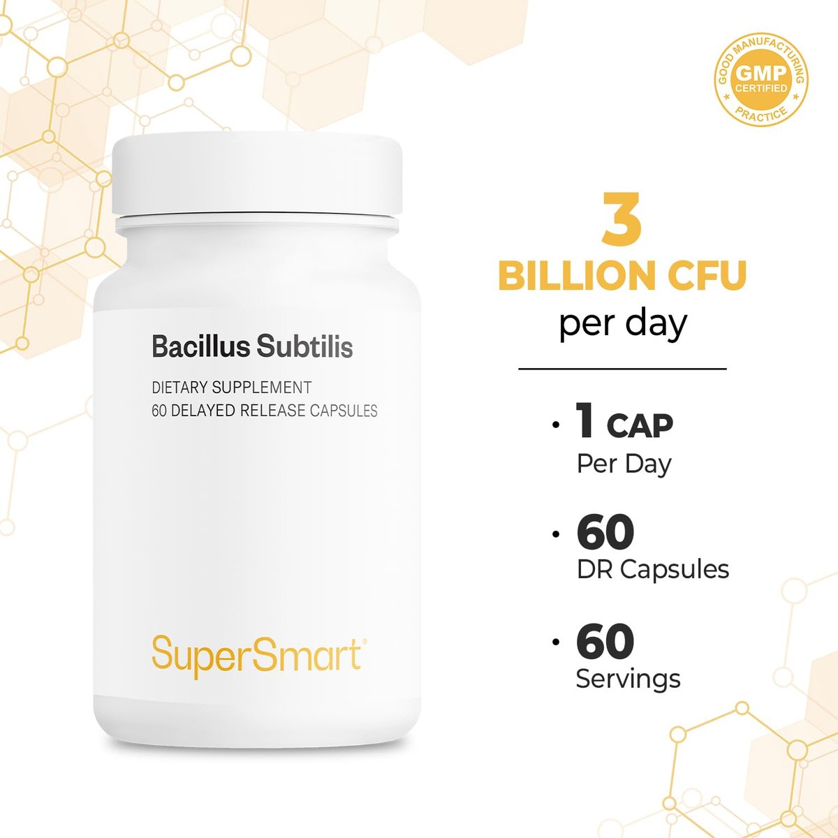 Supersmart Bacillus Subtilis 3 Milliarden KBE pro Tag – Hochwirksames Sporenprobiotikum, 60 DR-Kapseln