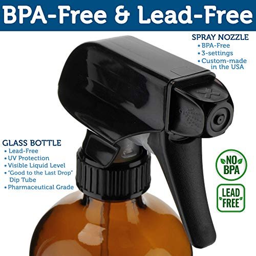 Sally's Organics Leere Amber Glasflaschen mit Sprühkopf - 2er Pack - Große 16 oz nachfüllbare Flasche ideal für ätherische Öle, Pflanzen, Reinigungslösungen, Haare - Langlebige Düse - Feinsprüh-/Strahlfunktion