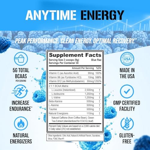 EVL BCAAs Aminosäuren Pulver – BCAA Energy Pre-Workout Pulver für Muskelregeneration, schlanken Muskelaufbau und Ausdauer – Erfrischendes Post-Workout Getränk mit natürlichem Koffein – Blue Raz