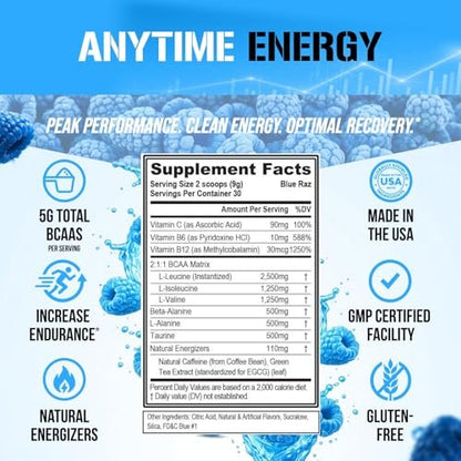 EVL BCAAs Aminosäuren Pulver – BCAA Energy Pre-Workout Pulver für Muskelregeneration, schlanken Muskelaufbau und Ausdauer – Erfrischendes Post-Workout Getränk mit natürlichem Koffein – Blue Raz