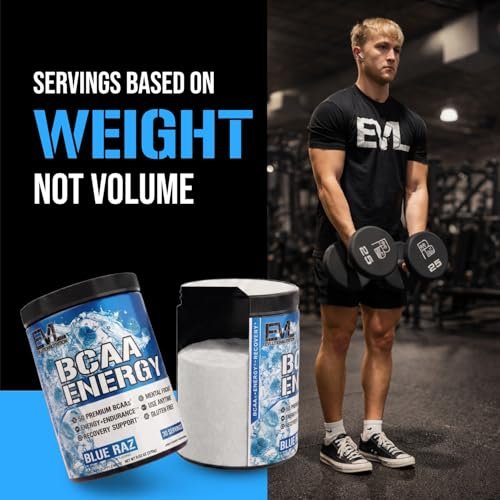 EVL BCAAs Aminosäuren Pulver – BCAA Energy Pre-Workout Pulver für Muskelregeneration, schlanken Muskelaufbau und Ausdauer – Erfrischendes Post-Workout Getränk mit natürlichem Koffein – Blue Raz