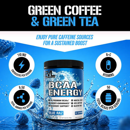 EVL BCAAs Aminosäuren Pulver – BCAA Energy Pre-Workout Pulver für Muskelregeneration, schlanken Muskelaufbau und Ausdauer – Erfrischendes Post-Workout Getränk mit natürlichem Koffein – Blue Raz