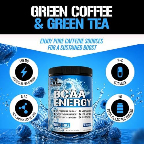 EVL BCAAs Aminosäuren Pulver – BCAA Energy Pre-Workout Pulver für Muskelregeneration, schlanken Muskelaufbau und Ausdauer – Erfrischendes Post-Workout Getränk mit natürlichem Koffein – Blue Raz