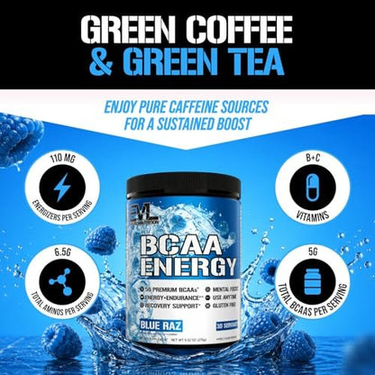 EVL BCAAs Aminosäuren Pulver – BCAA Energy Pre-Workout Pulver für Muskelregeneration, schlanken Muskelaufbau und Ausdauer – Erfrischendes Post-Workout Getränk mit natürlichem Koffein – Blue Raz
