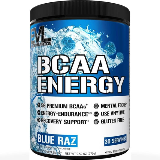 EVL BCAAs Aminosäuren Pulver – BCAA Energy Pre-Workout Pulver für Muskelregeneration, schlanken Muskelaufbau und Ausdauer – Erfrischendes Post-Workout Getränk mit natürlichem Koffein – Blue Raz