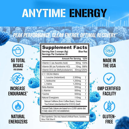 EVL BCAAs Aminosäuren Pulver – BCAA Energy Pre-Workout Pulver für Muskelregeneration, schlanken Muskelaufbau und Ausdauer – Erfrischendes Post-Workout Getränk mit natürlichem Koffein – Blue Raz