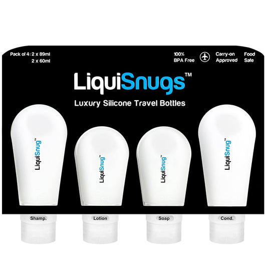 LiquiSnugs Premium – 100% auslaufsichere Silikon-Reiseflaschen für Toilettenartikel, TSA-zugelassen, mit Saugnäpfen und Etiketten