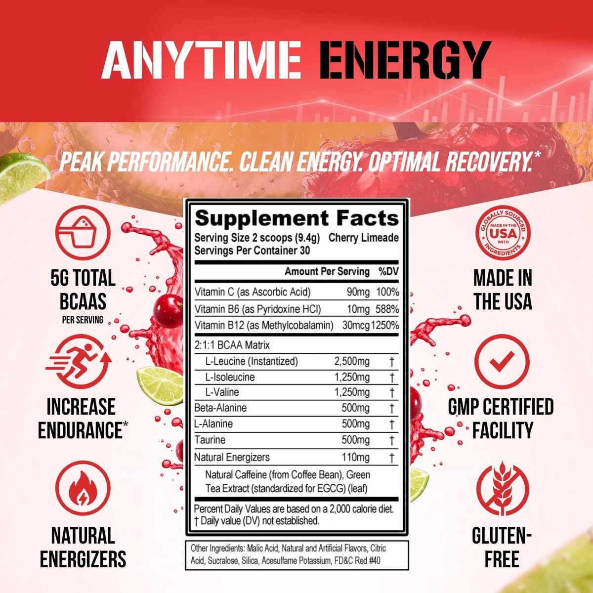 EVL BCAAs Aminosäuren Pulver – BCAA Energie Pre Workout Pulver für Muskelregeneration, schlanken Muskelaufbau und Ausdauer – Erfrischendes Post Workout Getränk mit natürlichem Koffein – Kirsche Limette