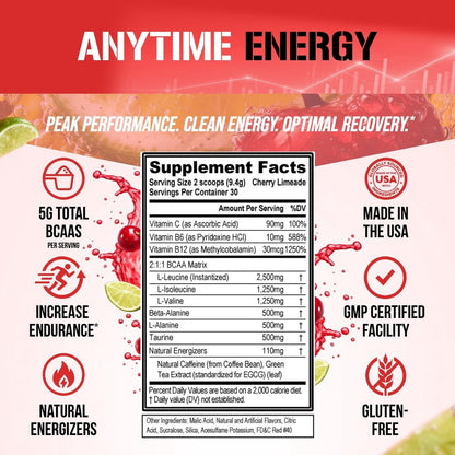 EVL BCAAs Aminosäuren Pulver – BCAA Energie Pre Workout Pulver für Muskelregeneration, schlanken Muskelaufbau und Ausdauer – Erfrischendes Post Workout Getränk mit natürlichem Koffein – Kirsche Limette