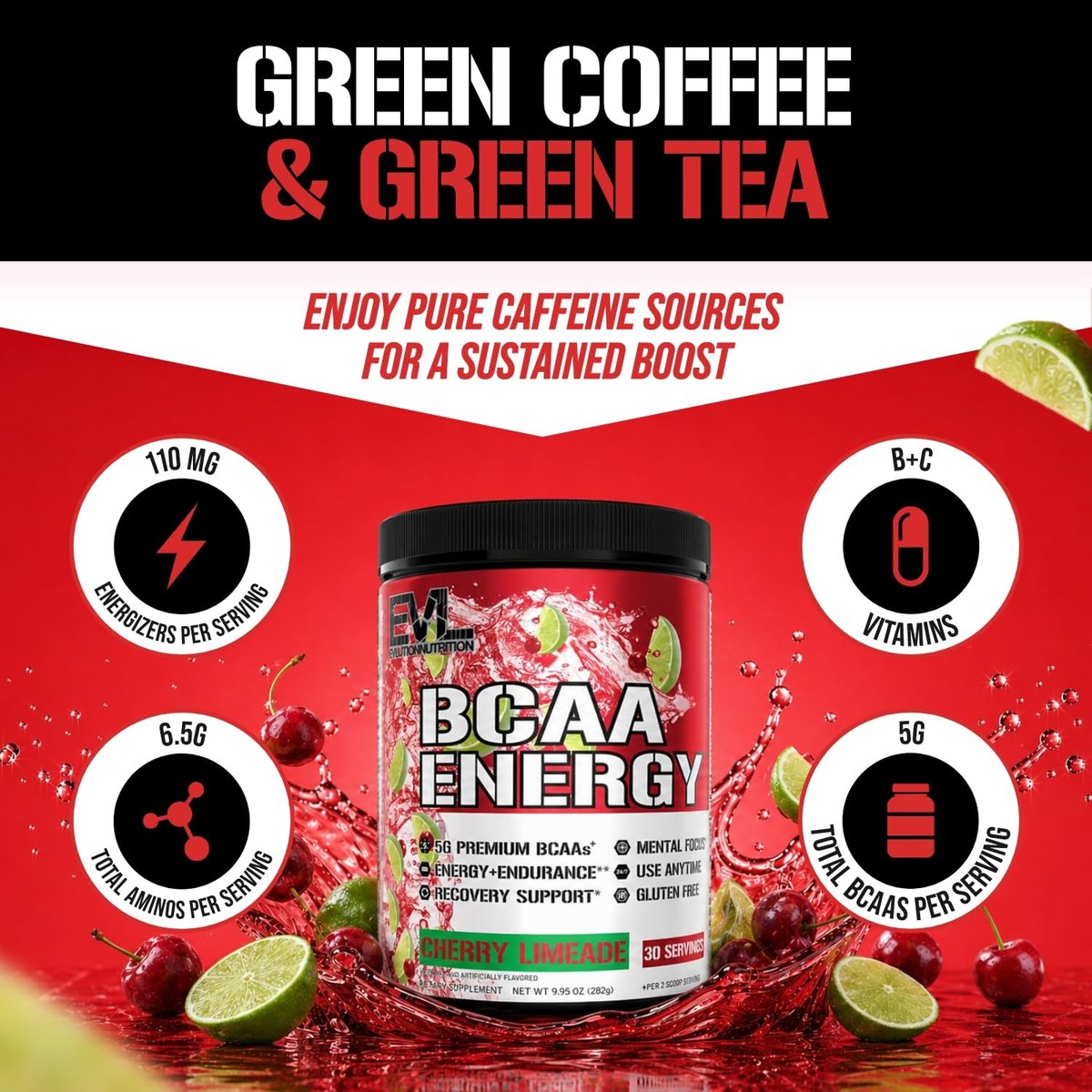 EVL BCAAs Aminosäuren Pulver – BCAA Energie Pre Workout Pulver für Muskelregeneration, schlanken Muskelaufbau und Ausdauer – Erfrischendes Post Workout Getränk mit natürlichem Koffein – Kirsche Limette