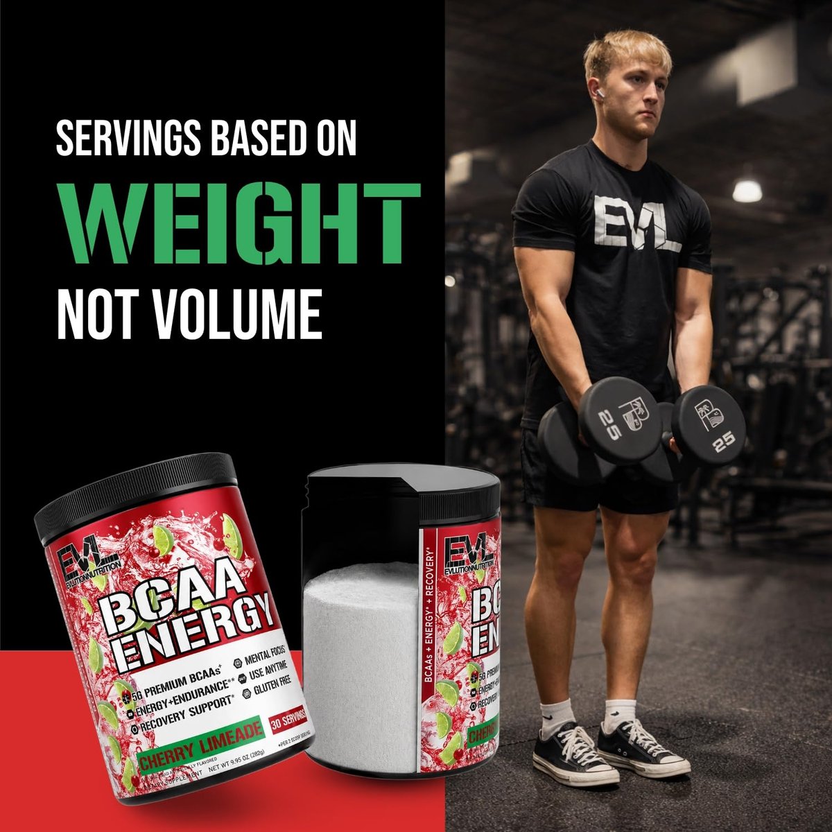 EVL BCAAs Aminosäuren Pulver – BCAA Energie Pre Workout Pulver für Muskelregeneration, schlanken Muskelaufbau und Ausdauer – Erfrischendes Post Workout Getränk mit natürlichem Koffein – Kirsche Limette