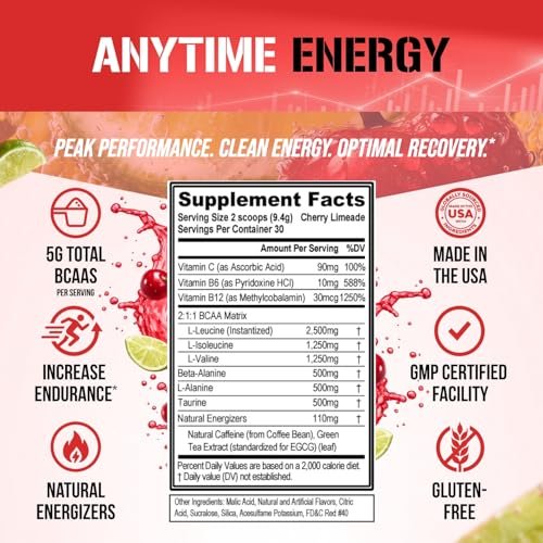 EVL BCAAs Aminosäuren Pulver – BCAA Energie Pre Workout Pulver für Muskelregeneration, schlanken Muskelaufbau und Ausdauer – Erfrischendes Post Workout Getränk mit natürlichem Koffein – Kirsche Limette