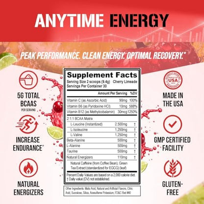 EVL BCAAs Aminosäuren Pulver – BCAA Energie Pre Workout Pulver für Muskelregeneration, schlanken Muskelaufbau und Ausdauer – Erfrischendes Post Workout Getränk mit natürlichem Koffein – Kirsche Limette