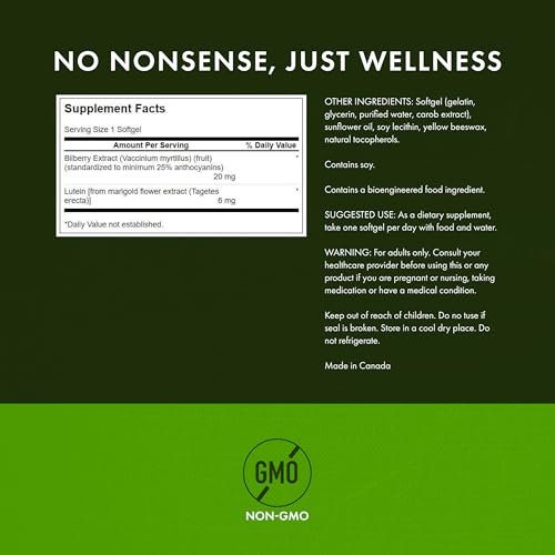 Swanson Standardisiertes Lutein & Heidelbeere – Natürliches Nahrungsergänzungsmittel für die Augengesundheit – Formel zur Reduzierung von Augenbelastung und Ermüdung – (120 Weichkapseln)