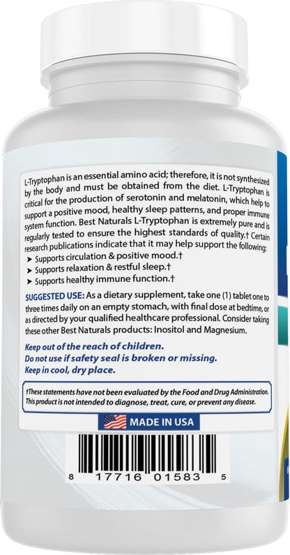 Best Naturals L-Tryptophan 1000 mg – 60 Tabletten – Hochdosiertes Schlaf- und Stimmungs-Supplement