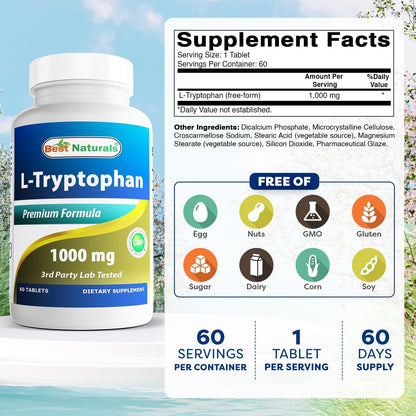 Best Naturals L-Tryptophan 1000 mg – 60 Tabletten – Hochdosiertes Schlaf- und Stimmungs-Supplement
