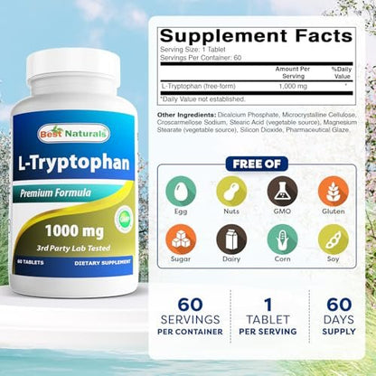 Best Naturals L-Tryptophan 1000 mg – 60 Tabletten – Hochdosiertes Schlaf- und Stimmungs-Supplement