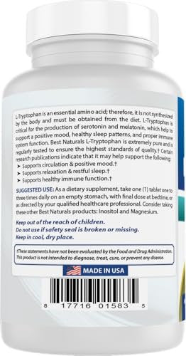 Best Naturals L-Tryptophan 1000 mg – 60 Tabletten – Hochdosiertes Schlaf- und Stimmungs-Supplement